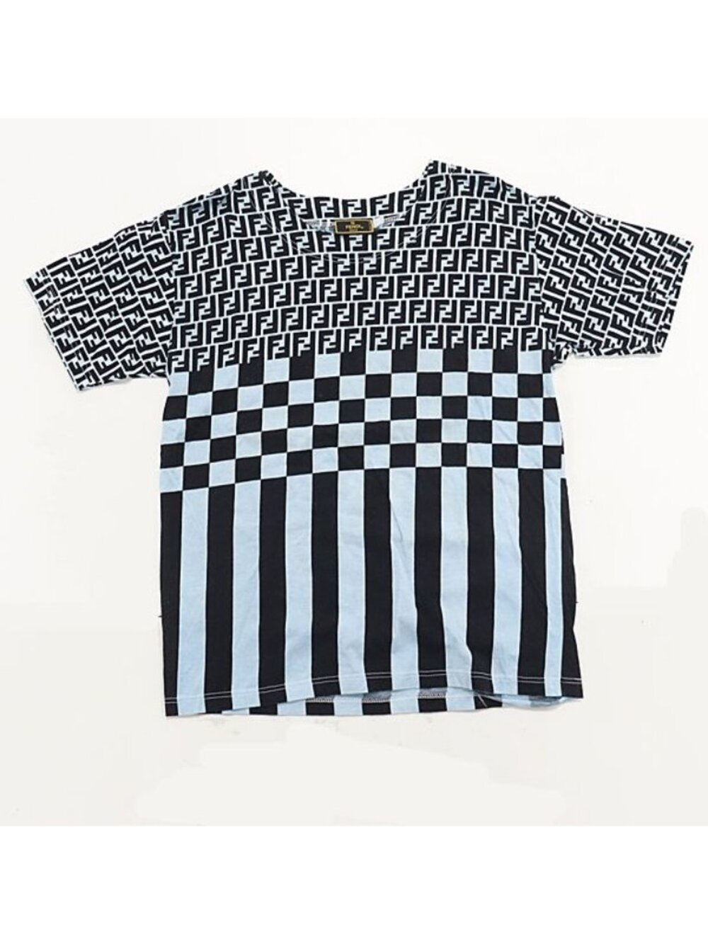 Fendi Zucca Pattern FF Logo Checkerboard Stripe T-Shirt Top Blue